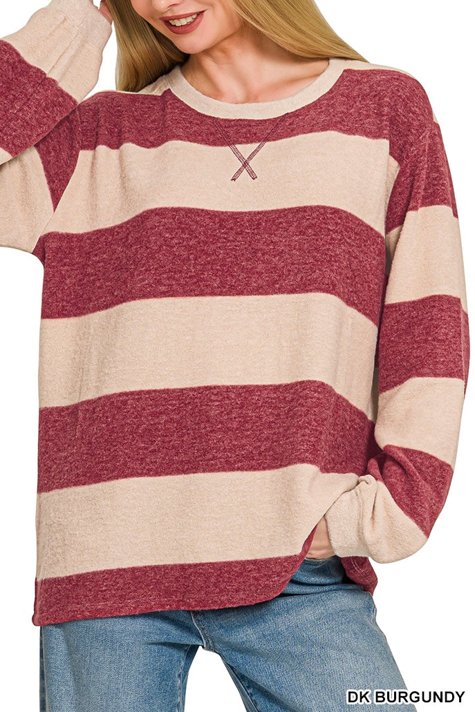 Zenana Brushed Rugby Stripe Pullover