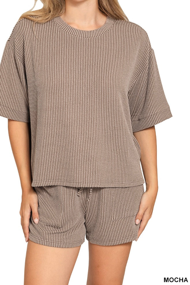 Zenana Raised Ribbed Half Sleeve Drawstring Shorts Set