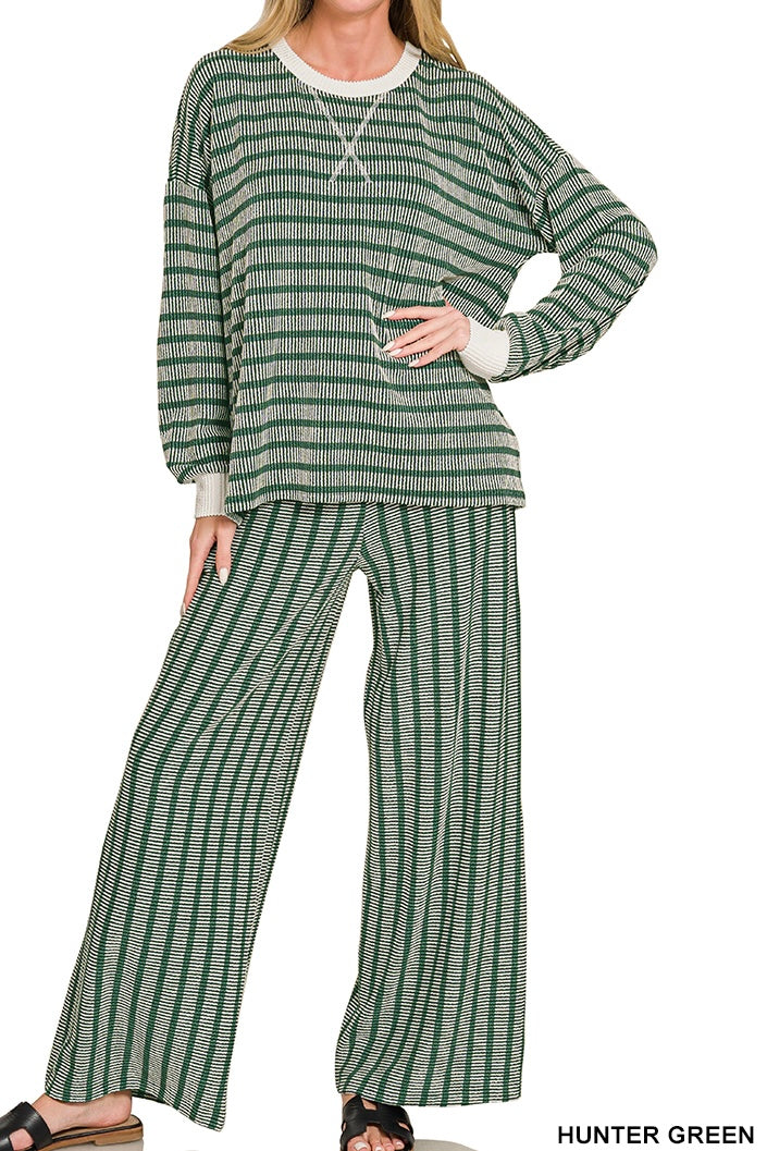 Zenana Stripe Raised Rib Pants Set