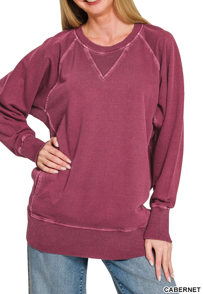 Zenana Pigment Dyed French Terry Ribbed Panel Pocket Pullover