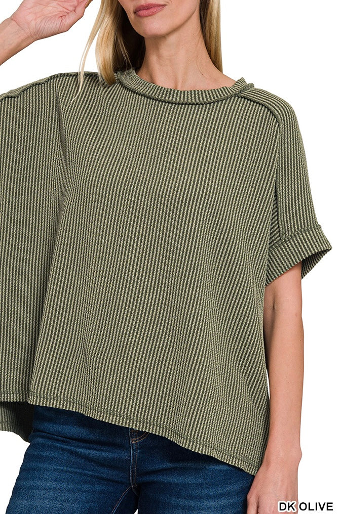 Zenana Short Sleeve Raised Ribbed Crew Neck Top