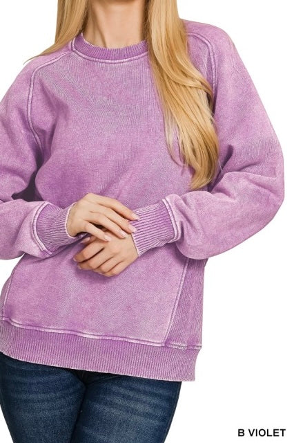 Acid Wash Ribbed Side Inset Fleece Sweatshirt