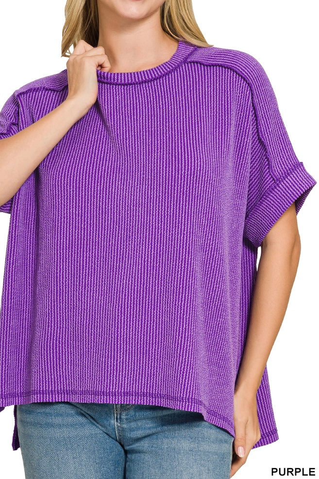 Zenana Short Sleeve Raised Ribbed Crew Neck Top