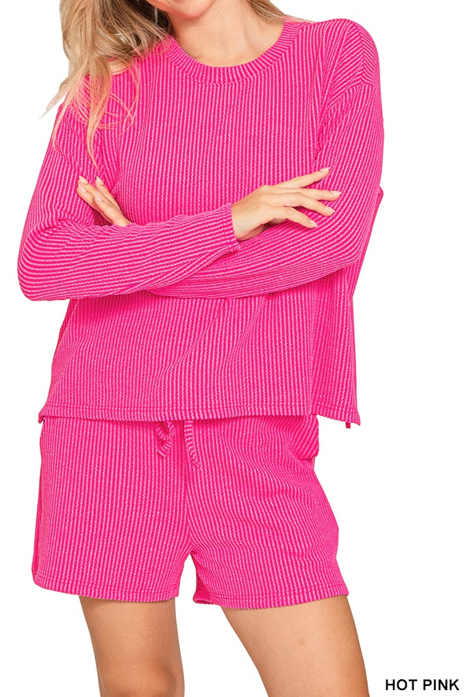Zenana Ribbed Long Sleeve Shorts Set