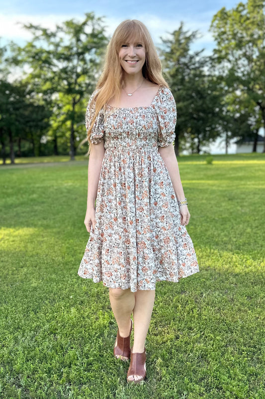 Floral Puff Sleeves Smocked Chest Flare Dress with Pockets