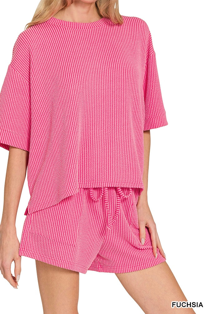 Zenana Raised Ribbed Half Sleeve Drawstring Shorts Set
