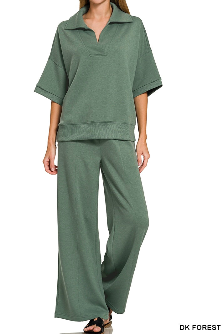 Zenana Collared Short Sleeve Pullover Center Seam Pants Set