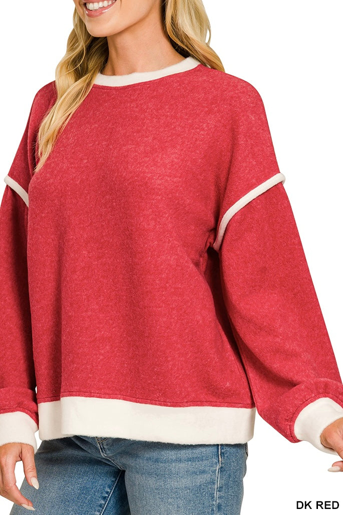 Zenana Brushed Contrast Trim Pullover