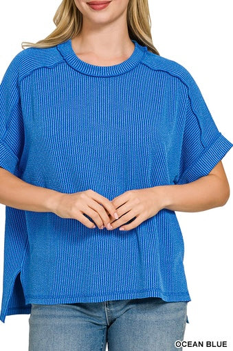 Zenana Short Sleeve Raised Ribbed Crew Neck Top