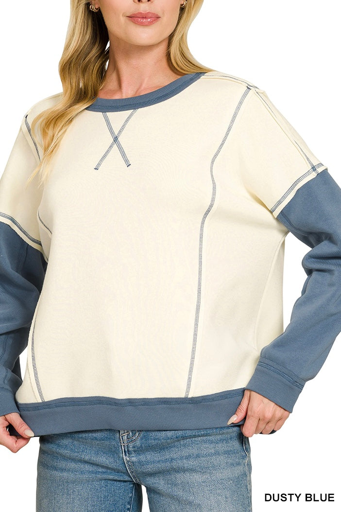 Zenana Reverse Seam Raglan Color Block Sweatshirt