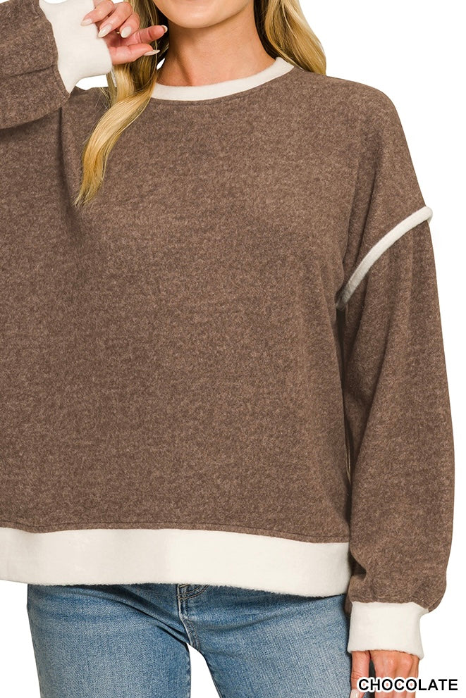 Zenana Brushed Contrast Trim Pullover