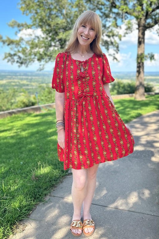 Tie Front Red Sunflower Dress