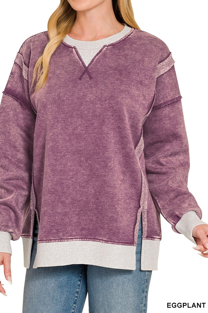 Zenana Acid Wash Fleece Contrast Trim Pullover