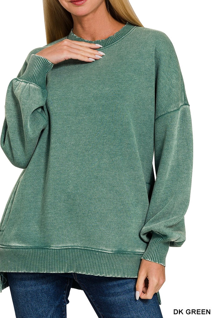 Zenana Acid Wash High/Low Pocket Sweatshirt