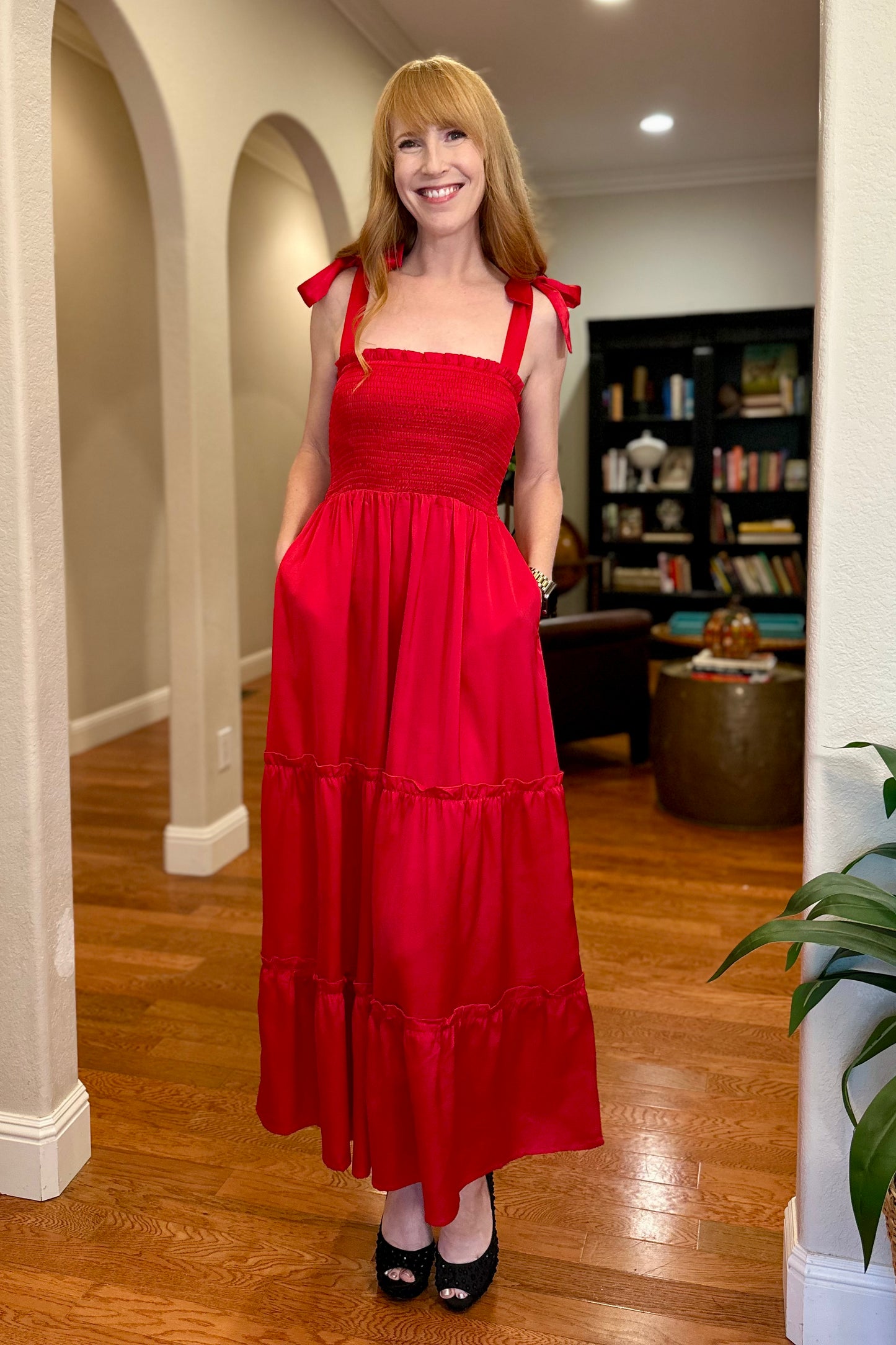 Red Matte Satin Tie Shoulder Smocked Dress