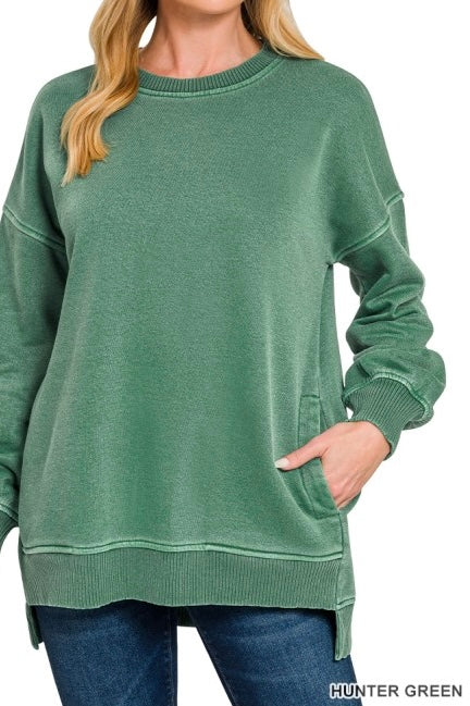 Pigment Dyed Fleece High Low Pocket Sweatshirt