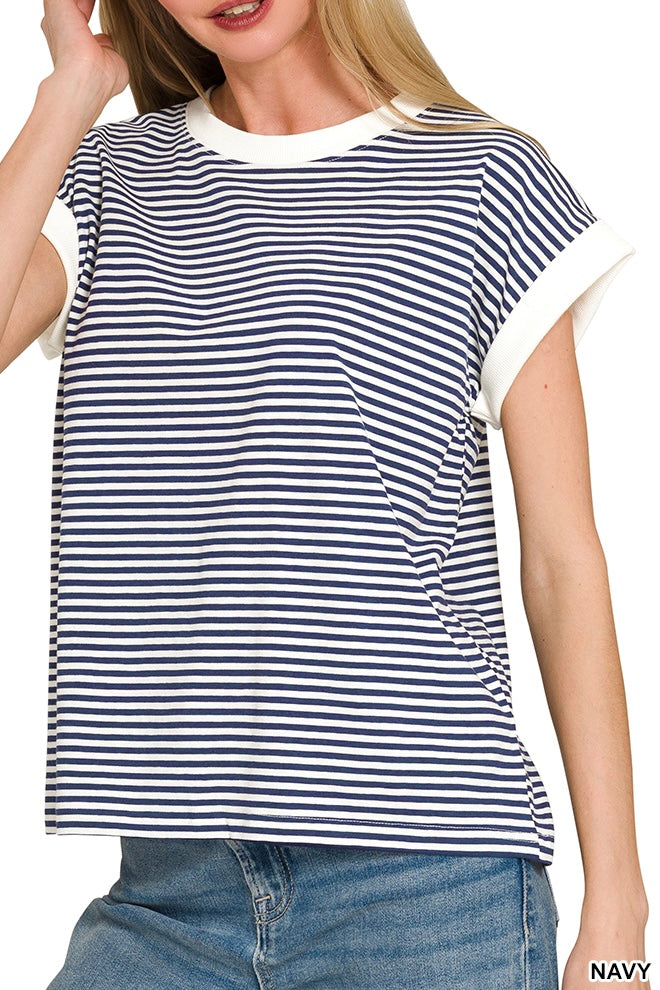 Zenana Stripe Contrast Rib Banded Top