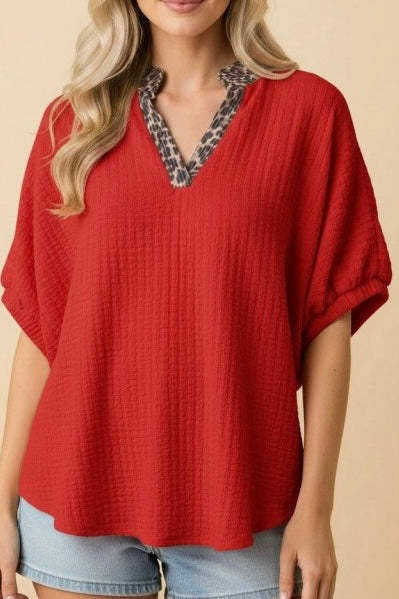 Red Leopard Notch Neck Top