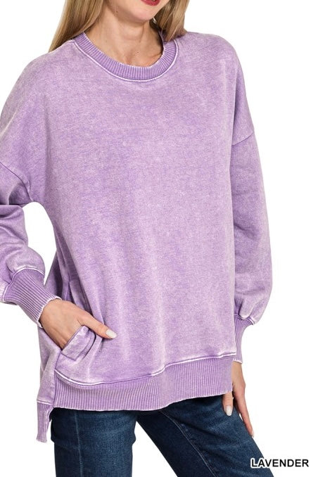 Acid Wash Fleece High/Low Pocket Pullover