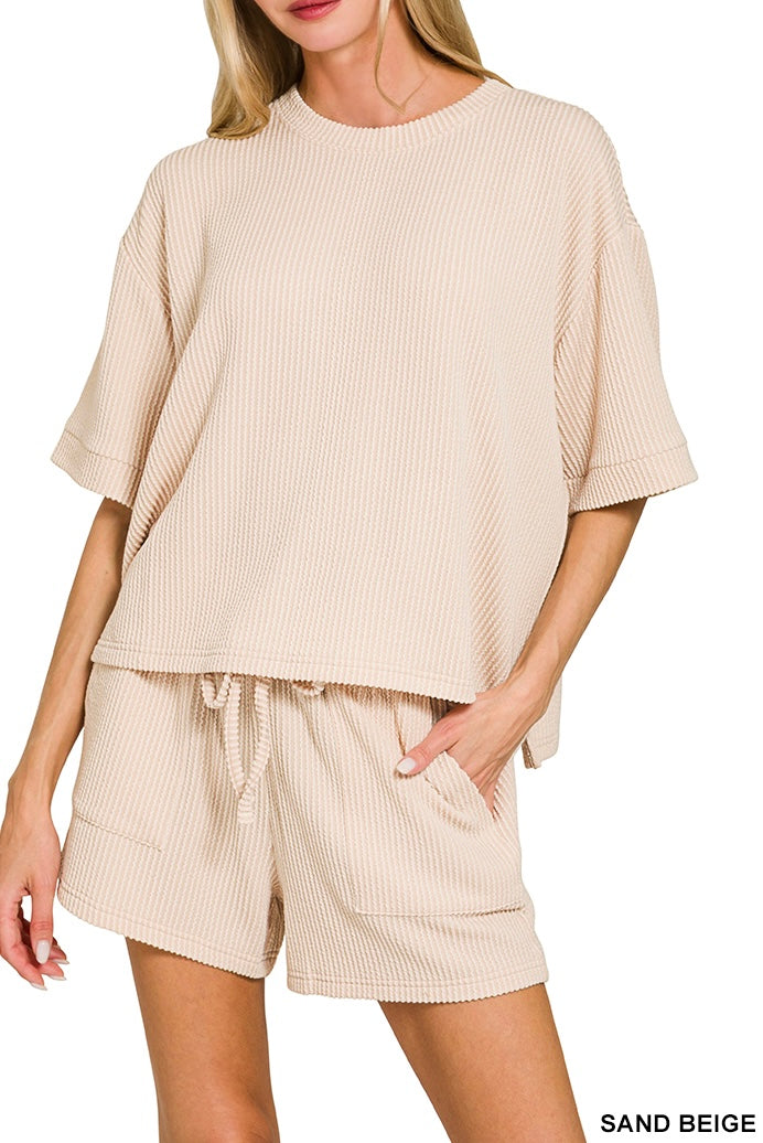 Zenana Raised Ribbed Half Sleeve Drawstring Shorts Set