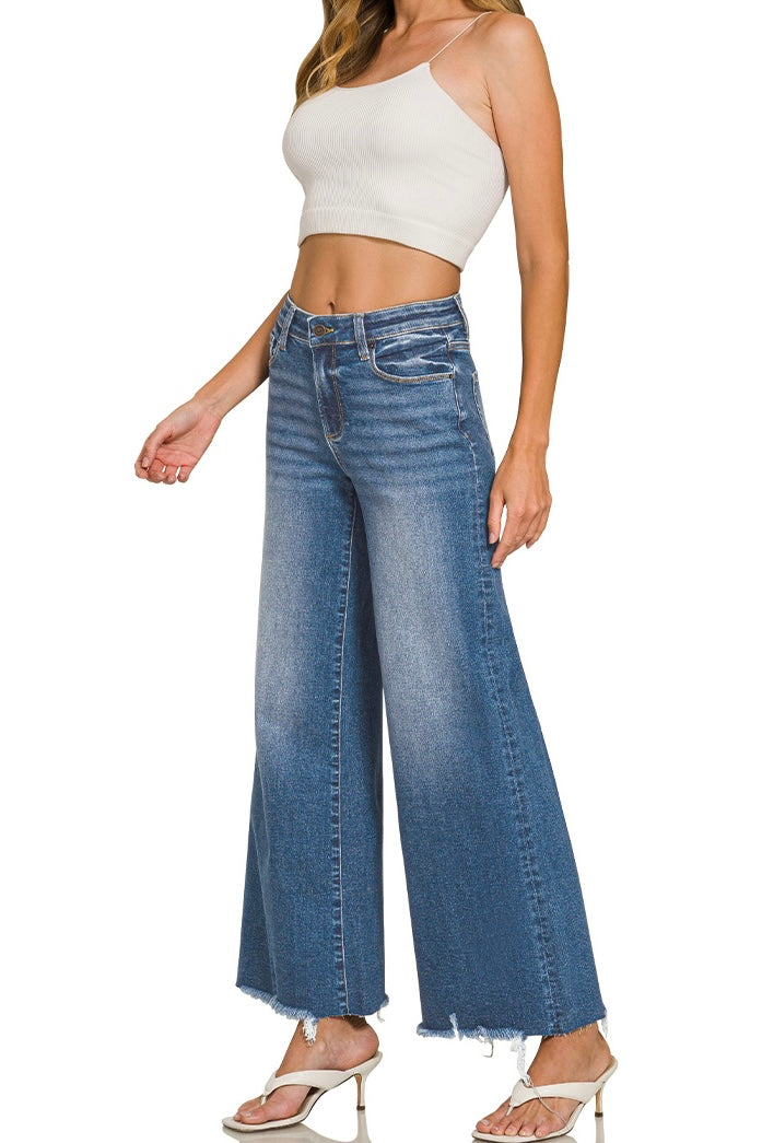 Zenana Distressed Raw Hem Wide Flare Jeans