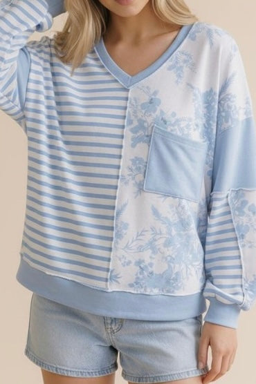 Blue V Neck Floral And Stripe Color Block Knit Top