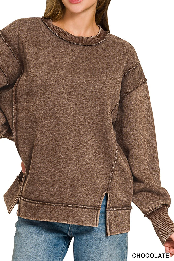 Zenana Acid Wash Exposed Seam Sweatshirt