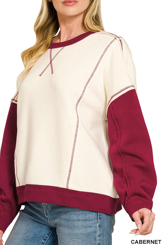 Zenana Reverse Seam Raglan Color Block Sweatshirt