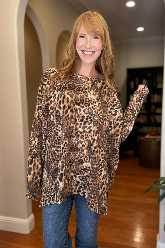 Oversized Leopard Ribbed Tunic Top