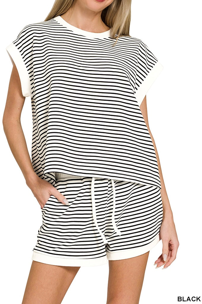 Zenana Stripe Contrast Trim Shorts Set