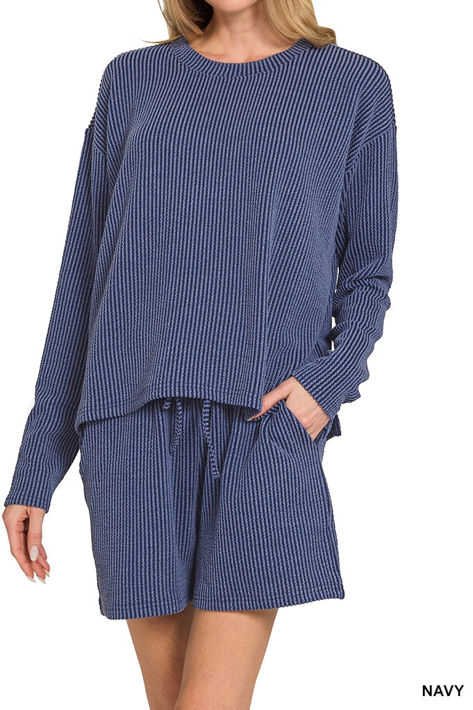 Zenana Ribbed Long Sleeve Shorts Set