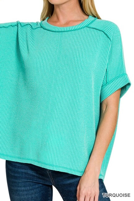 Short Sleeve Raised Ribbed Crew Neck Top