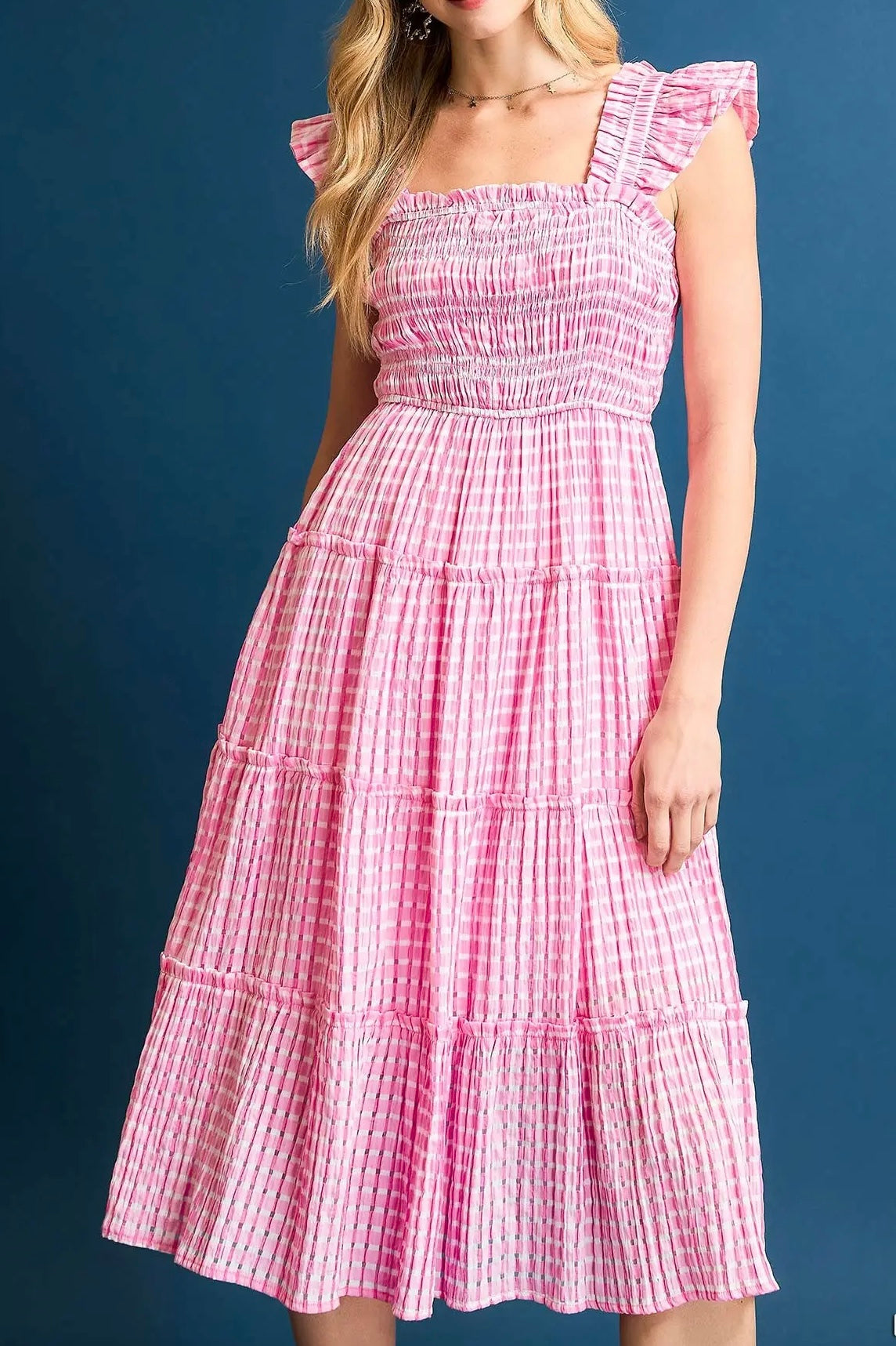 Checkered Smocked Shoulder Ruffle Midi Dress