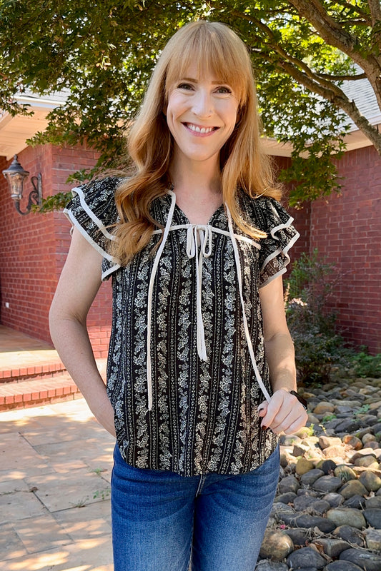 STRIPE FLORAL PATTERN TIE FRONT RUFFLE TOP