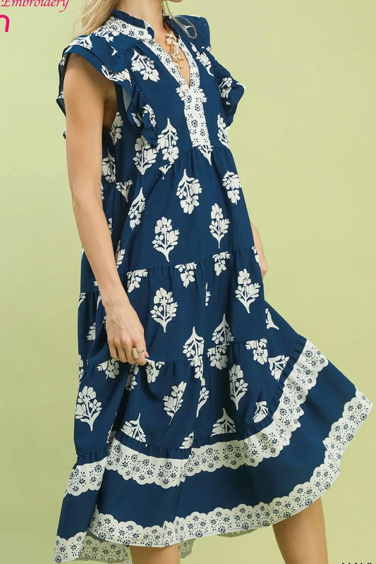 Navy Tile Floral Ruffle Sleeve Dress