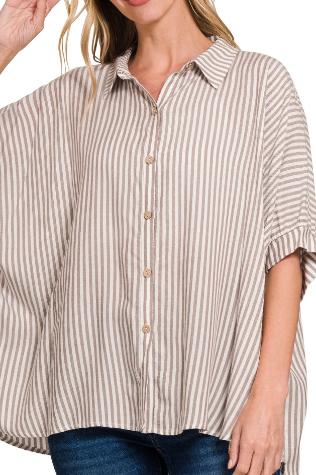Zenana Oversized Button Down Stripe Top