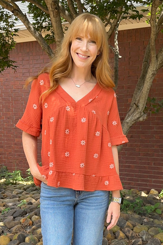 Flower Embroidered Woven Blouse Top