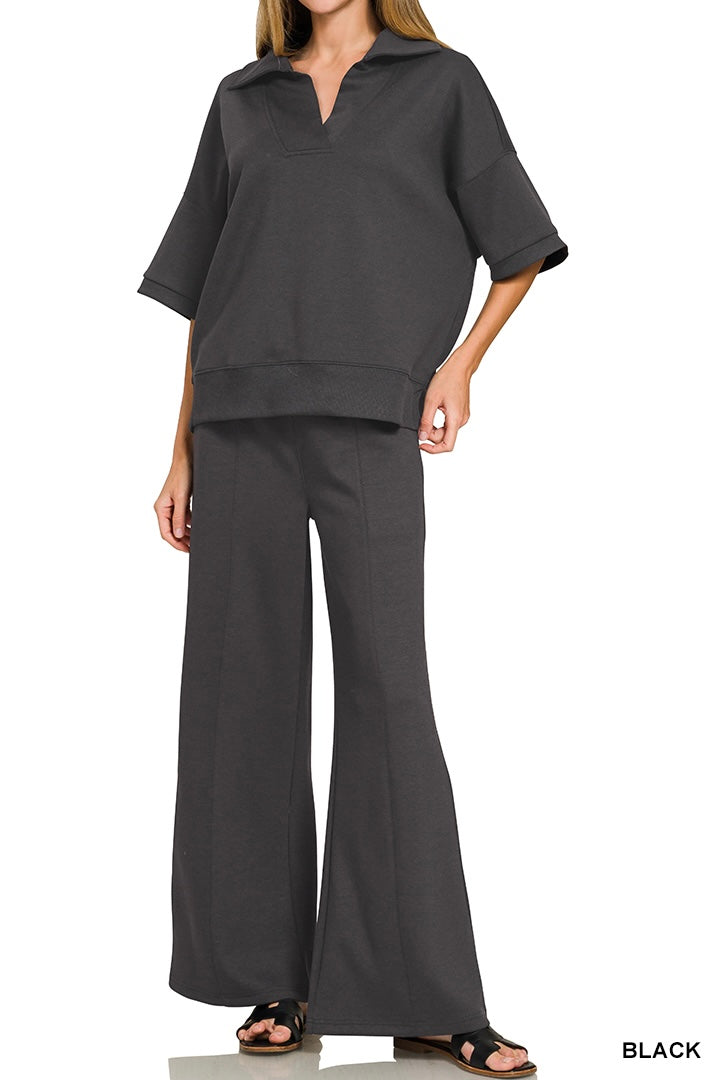 Zenana Collared Short Sleeve Pullover Center Seam Pants Set