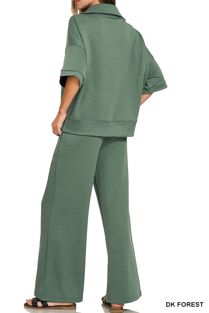 Zenana Collared Short Sleeve Pullover Center Seam Pants Set
