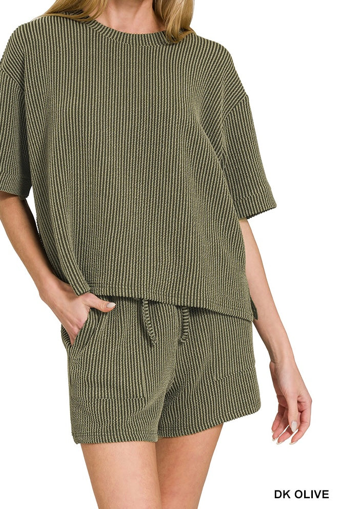 Zenana Raised Ribbed Half Sleeve Drawstring Shorts Set