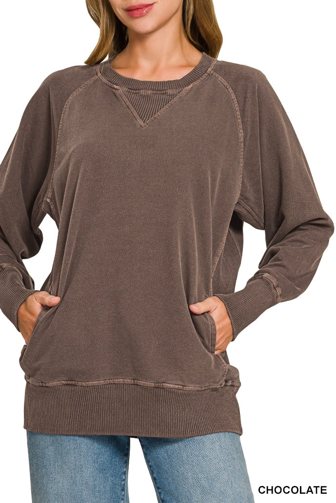 Zenana Pigment Dyed French Terry Ribbed Panel Pocket Pullover