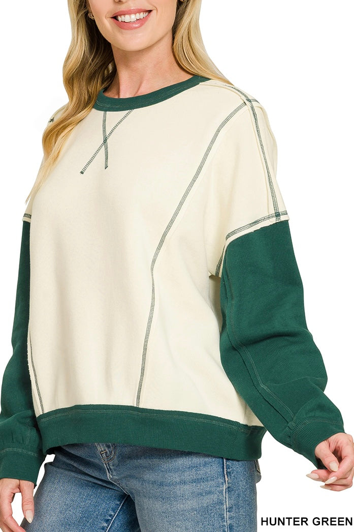 Zenana Reverse Seam Raglan Color Block Sweatshirt