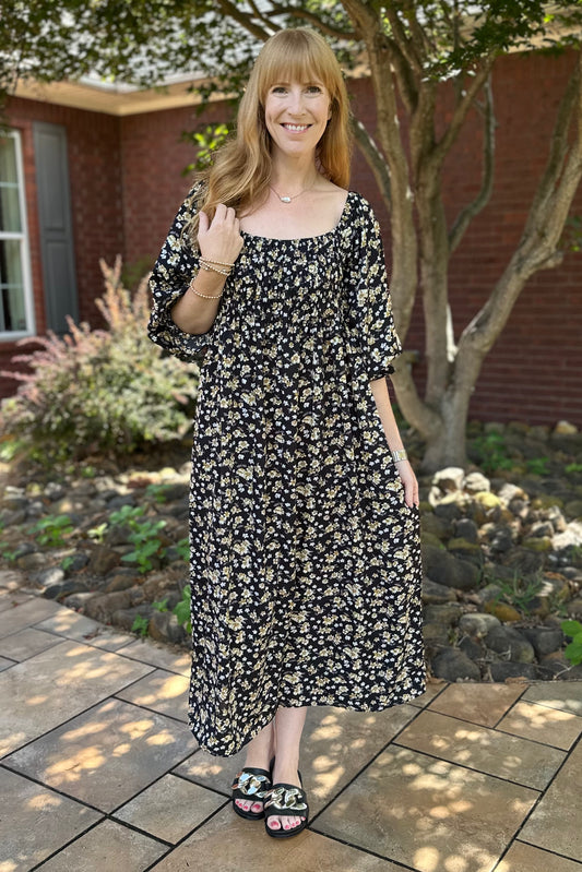 On & Off Shoulder Smocked Floral Midi Dress w Pockets
