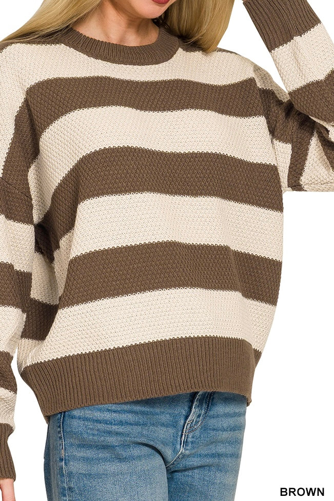 Zenana Stripe Drop Shoulder Sweater