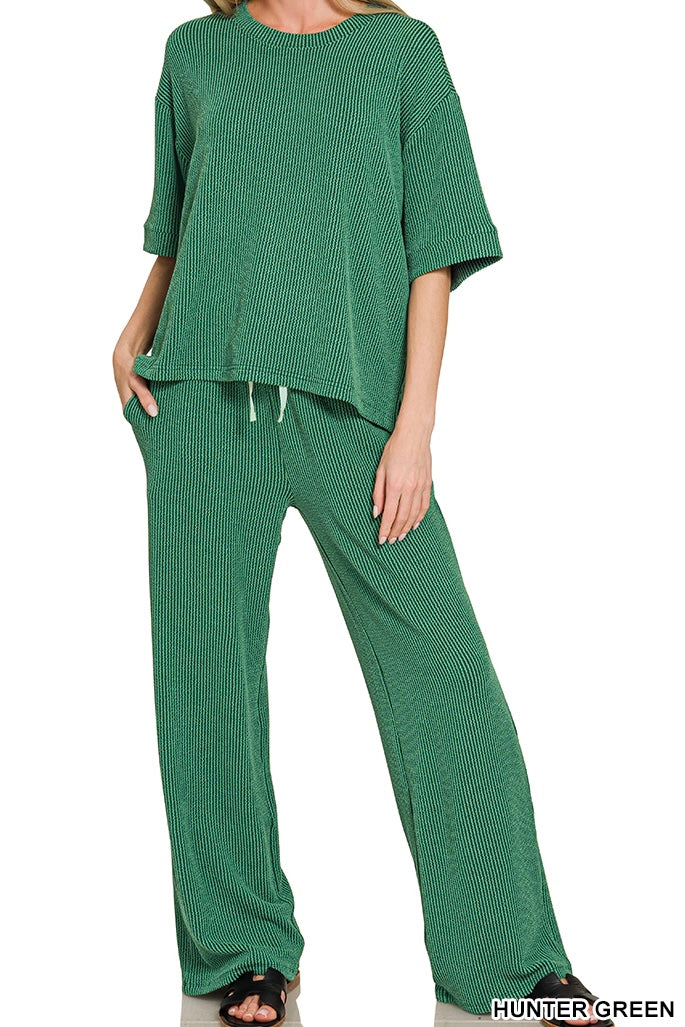 Zenana Ribbed Short Sleeve Drawstring Pants Set