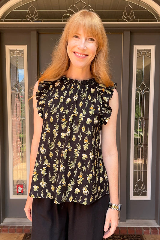 Dark Floral Sleeveless Ruffle Top