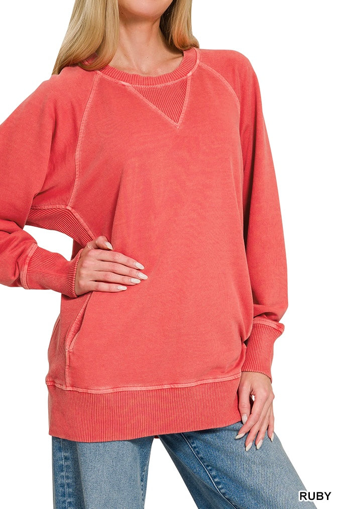 Zenana Pigment Dyed French Terry Ribbed Panel Pocket Pullover