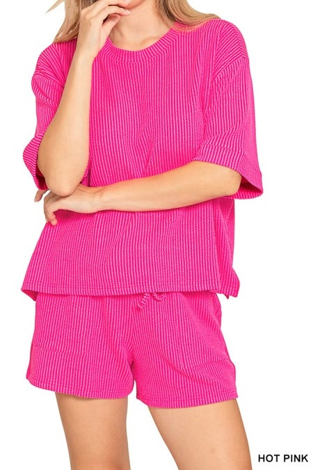 Raised Ribbed Half Sleeve Drawstring Shorts Set