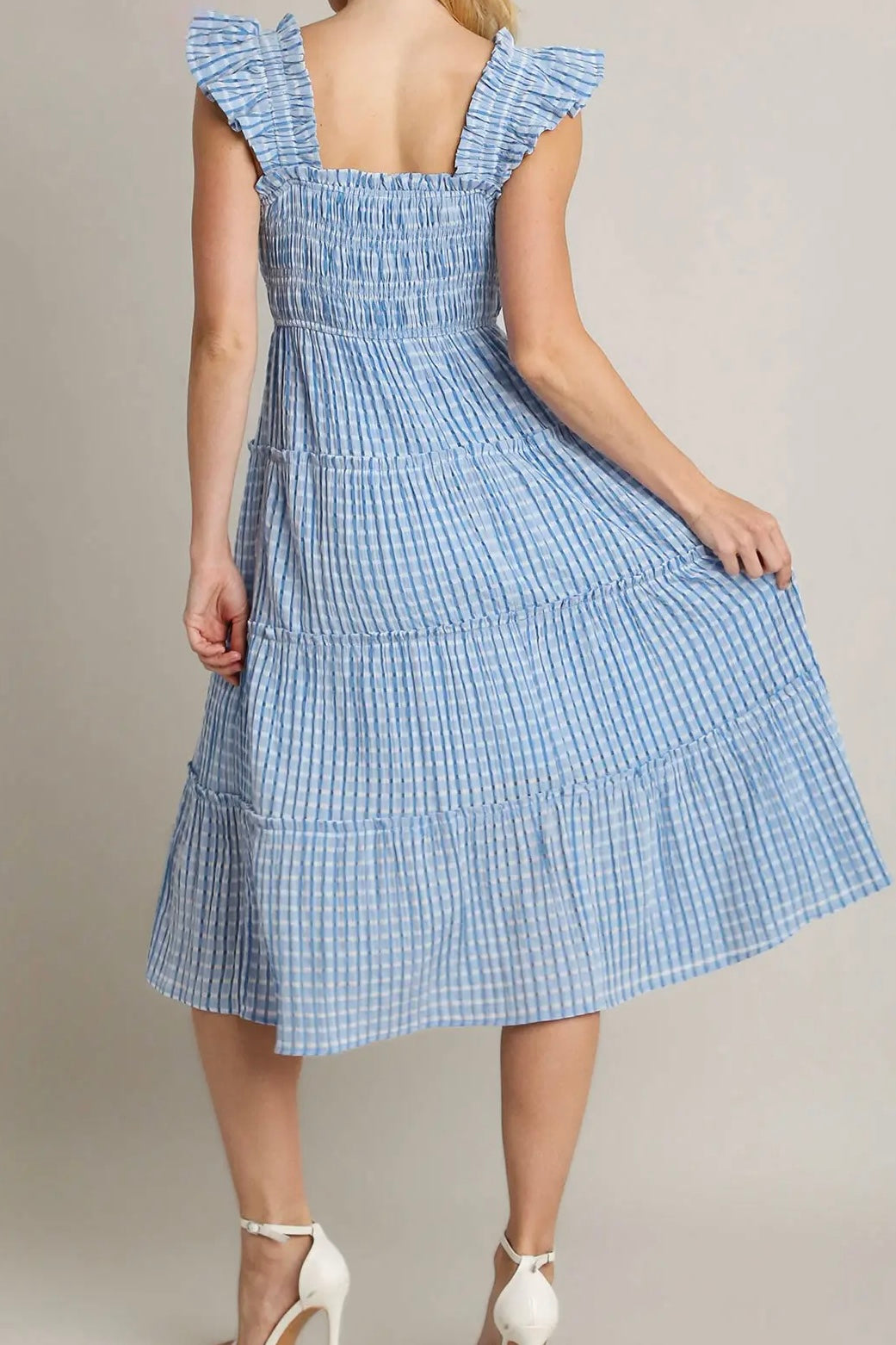 Checkered Smocked Shoulder Ruffle Midi Dress