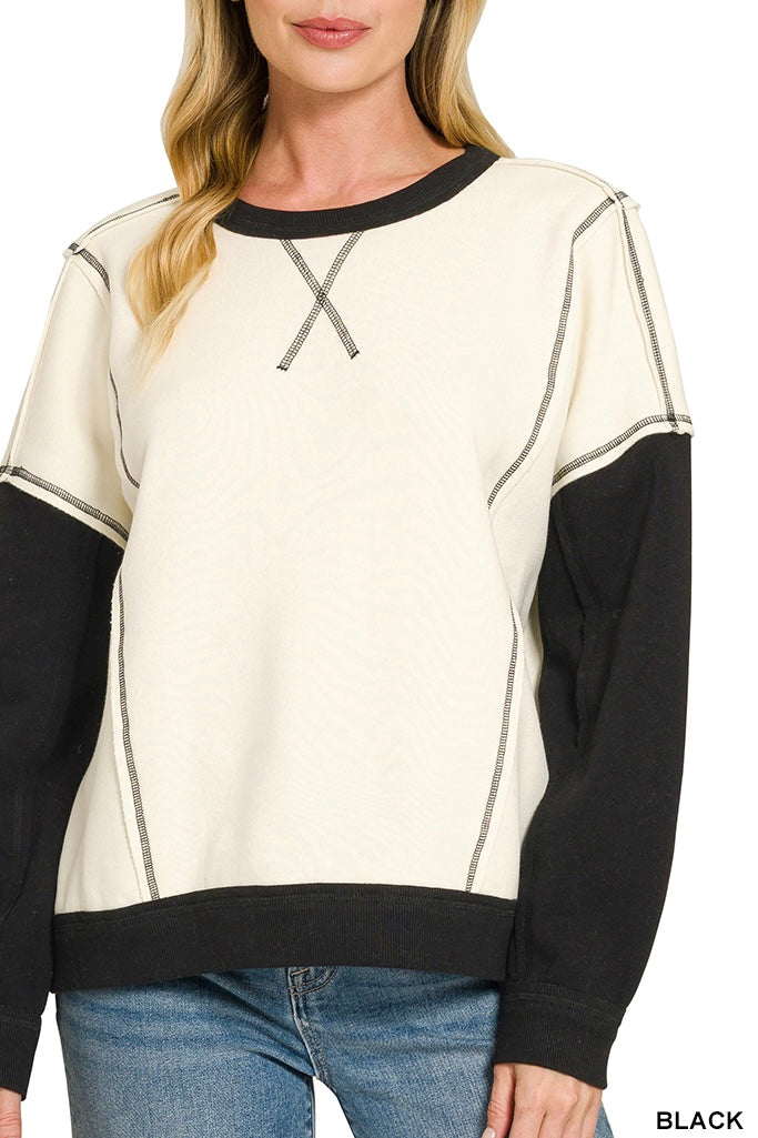 Zenana Reverse Seam Raglan Color Block Sweatshirt